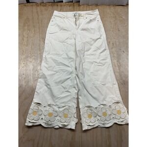 Cropped Denim White Daisy Cut Out Jeans Sz 8 High Rise